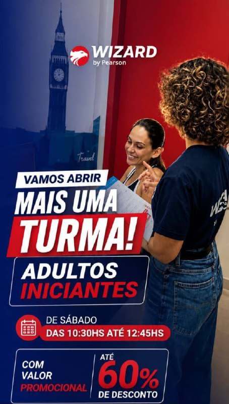 Wizard by Pearson: nova turma de inglês para adultos iniciantes aos sábados, com até 60% de desconto